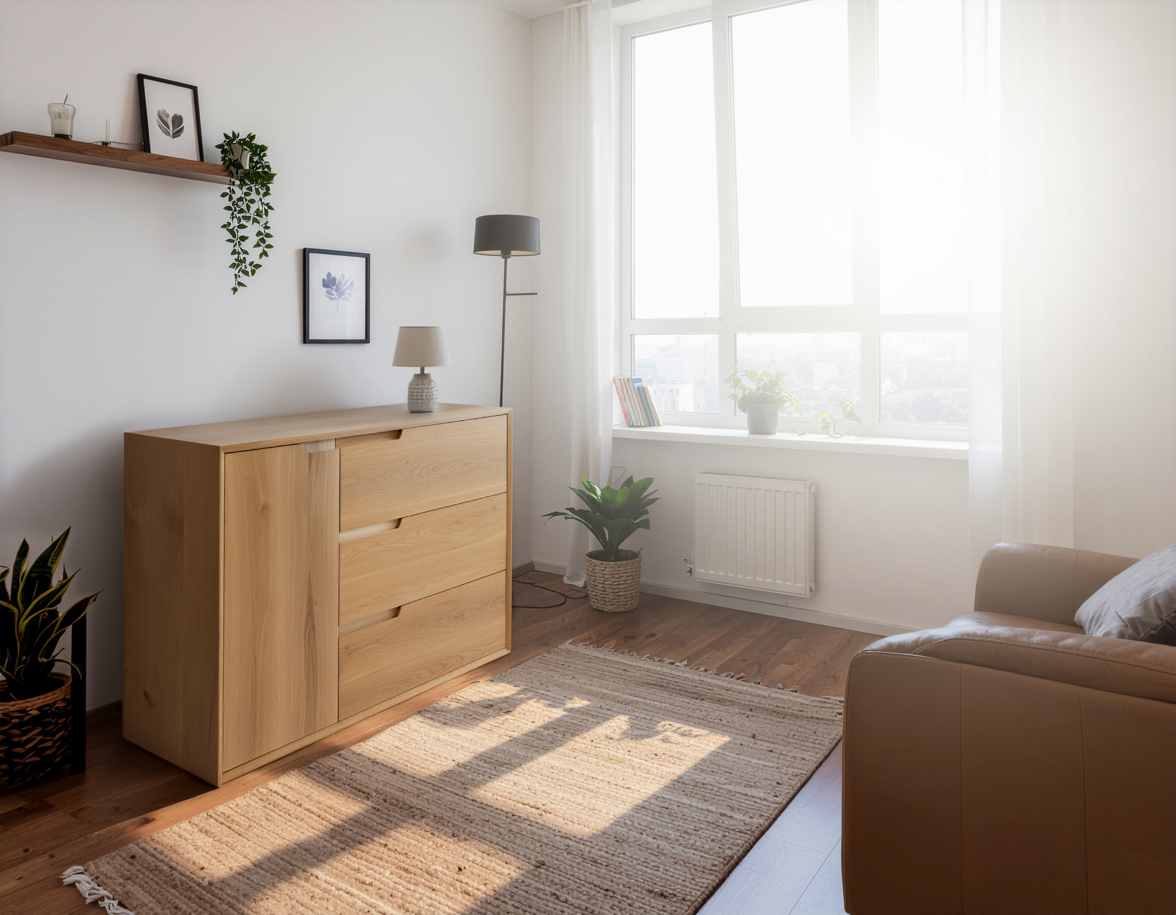 tömör tölgyfa komód modern, fényes, mégis klasszikus enteriőrben