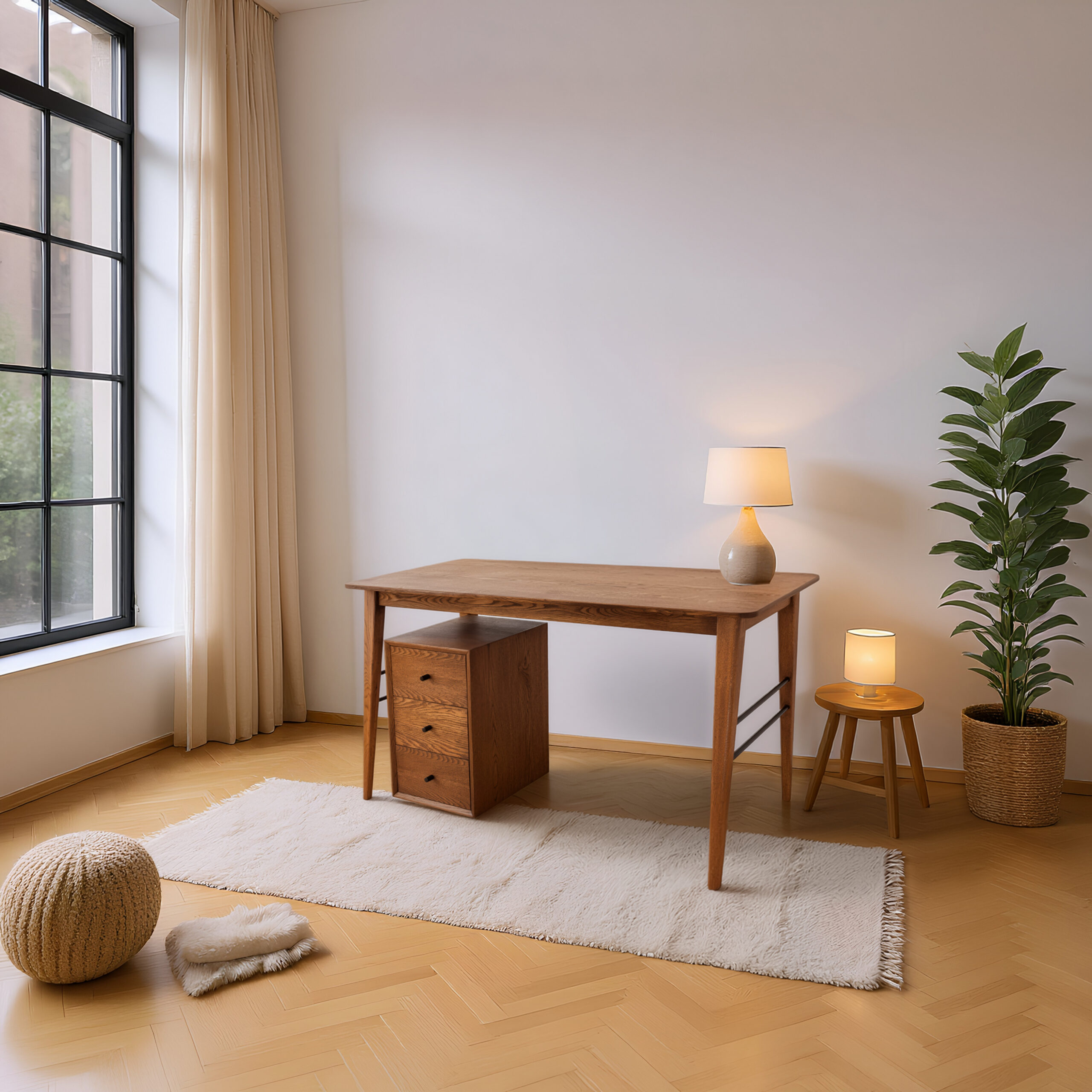 GLIDE íróasztal, egyedi design, dió színű olajjal, fekete fém merevítőkkel